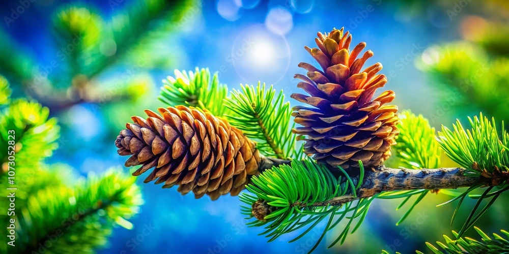 Poster close-up of young pine cones in nature with double exposure effect showcasing forest and sky element