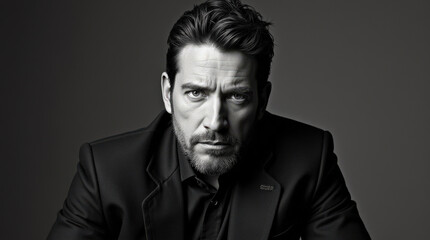 Fototapeta premium Portrait of Tough Motorcycle Rider - Rugged Man with Leather Jacket on Motorcycle, Perfect for Adventure and Rebel Themes