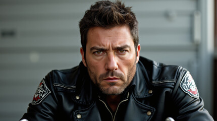 Obraz premium Portrait of Tough Motorcycle Rider - Rugged Man with Leather Jacket on Motorcycle, Perfect for Adventure and Rebel Themes