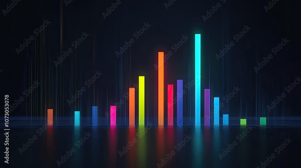 Poster vibrant colorful data visualization with neon bars on a dark background representing statistics and 