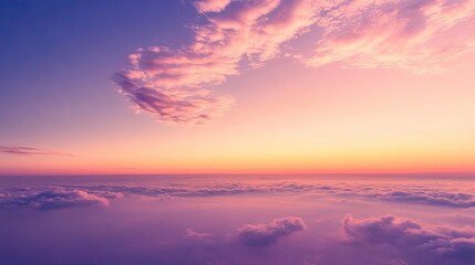 Fototapeta premium Serene Horizon at Sunset: Soft Lavender and Peach Tones Over Fluffy Clouds with Gentle Atmosphere and Peaceful Sky Above the Earth’s Surface
