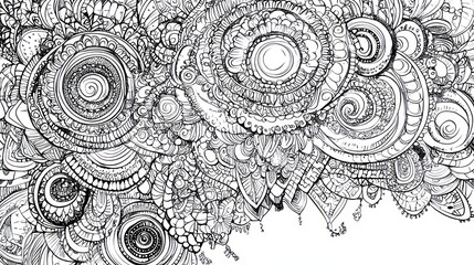 Abstract black and white doodle pattern with swirls and circles on a white background.