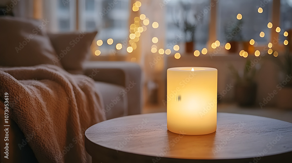 Poster a cozy living space featuring a glowing candle on a wooden table, surrounded by soft textiles and wa