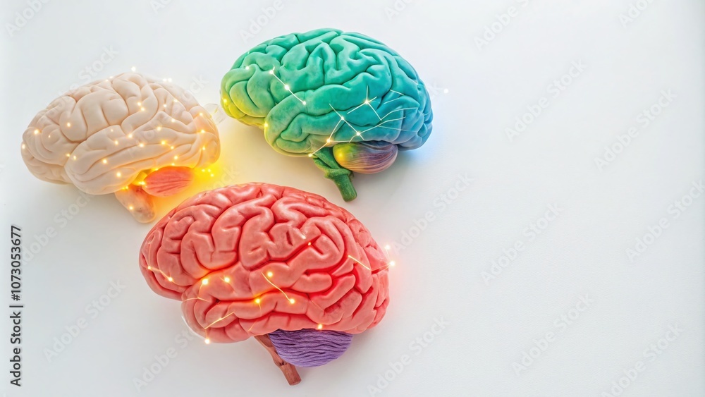 Poster colorful abstract glowing brain connections on a white background showcasing neural networks and cog