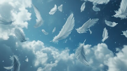 Light gray feathers floating against a deep blue sky with soft clouds, evoking freedom and tranquility in a minimalistic scene.