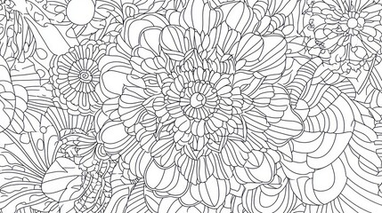 Obraz premium Abstract black and white illustration of intricate flowers and geometric shapes.