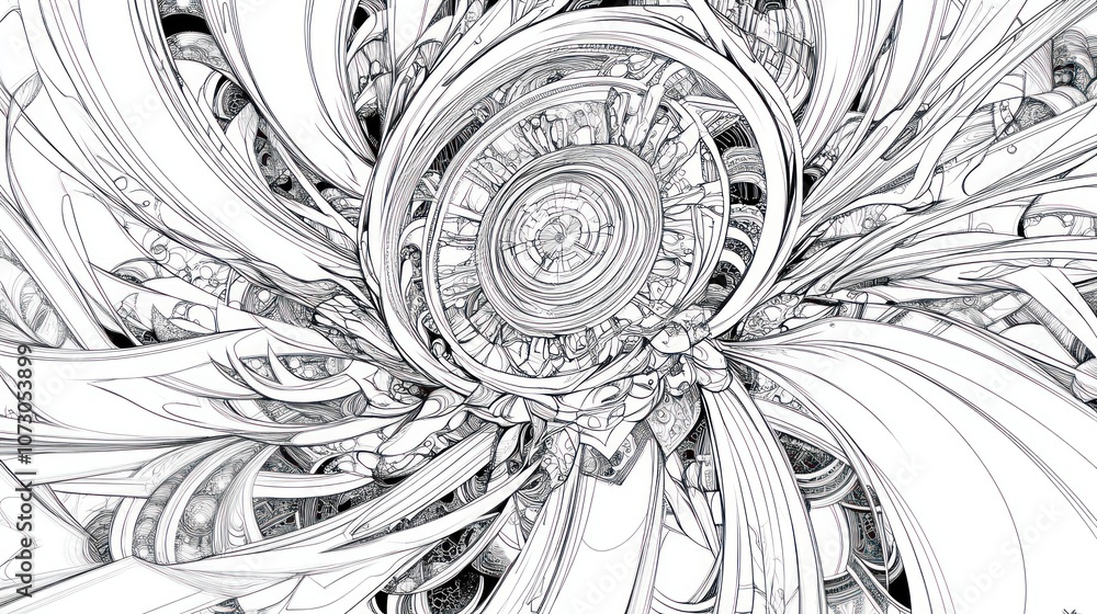 Aufkleber abstract black and white swirling design with multiple concentric circles and lines in a circular pa