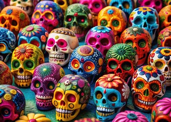 Fototapeta premium Colorful Day of the Dead Sugar Skulls Captured in Minimalist Style for a Traditional Mexican Celebration with Vibrant Hues and Intricate Patterns Reflecting Cultural Heritage