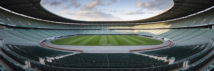 Naklejka premium High-resolution panoramic photograph of empty stadium tribune bathed in natural light