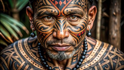 Fototapeta premium Traditional Tribal Tattoo Motifs: A Documentary Exploration of Ethnic Face Tattoos Showcasing Cultural Heritage and Artistic Expression in Indigenous Communities