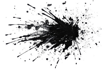 A dynamic explosion of black liquid splatter radiates outward with various droplets creating an energetic and chaotic appearance.