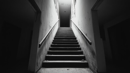 Fototapeta premium A dark and moody staircase leading to an enigmatic door at the top, creating an atmospheric and mysterious ambiance.