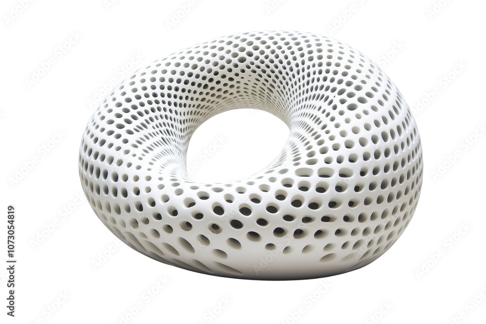 Poster a modern, sculptural object featuring a smooth, perforated design with a central opening, showcasing