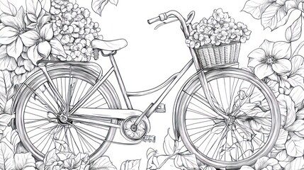 Obraz premium A hand-drawn illustration of a bicycle with a basket full of flowers, surrounded by floral designs.