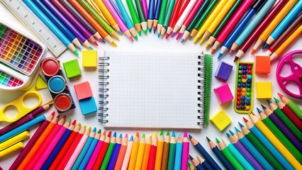 Fototapeta premium Colorful School Supplies Border on Bright White Background for Creative Education and Craft Projects, Perfect for Classroom Decor, DIY Crafts, and Educational Materials