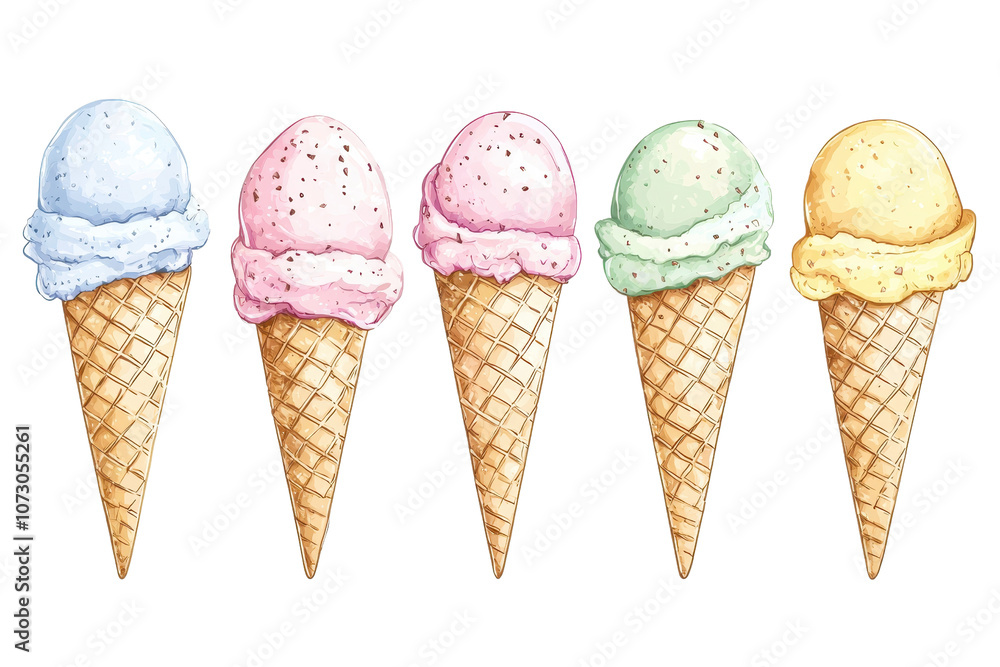Aufkleber five colorful ice cream cones in assorted flavors, showcasing a delightful array of textures and col