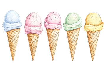 Five colorful ice cream cones in assorted flavors, showcasing a delightful array of textures and colors.