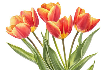 Fototapeta premium Vibrant tulips display a mix of red and orange petals, complemented by lush green leaves, showcasing their natural beauty.