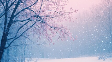 Serene Winter Landscape with Snowfall and Subtle Pink Blossoms Amidst Frosty Trees in a Dreamy Aurora of Soft Pastels and Quiet Tranquility