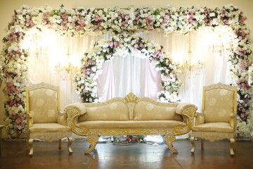 Dreamy Wedding Stage with Floral Arch and Chandeliers , classic wedding stage in pakistan 