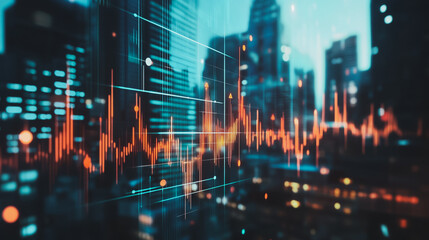 Fototapeta premium Smart digital Innovation city Business skyscrapers in the Financial District with connection network reciprocity over the cityscape. of future smart wireless digital city and social media networking