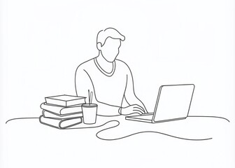 Continuous Single Line Drawing of a Person Studying at Desk with Laptop and Books in a Minimalist Style, Perfect for Educational and Home Office Themes