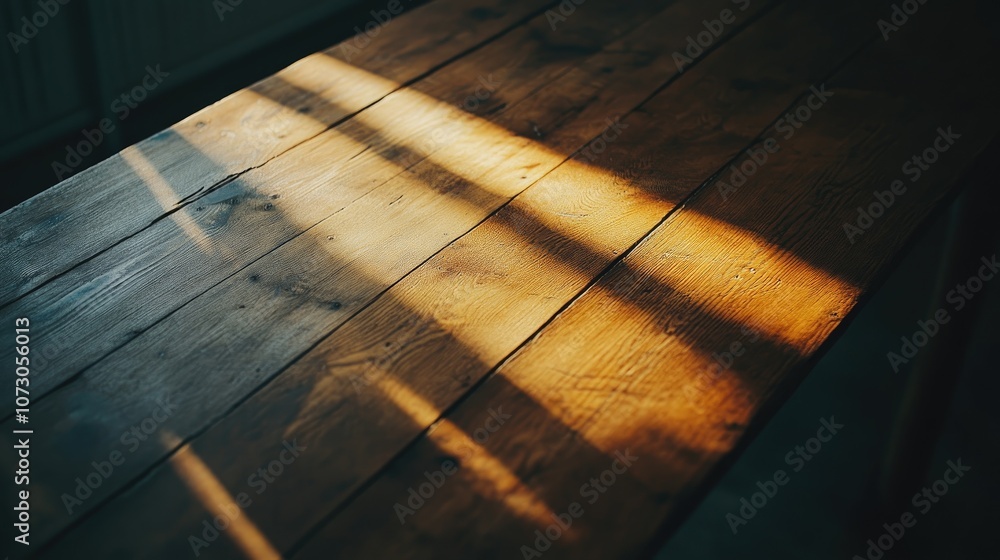 Poster sunlight casting shadows on a rustic wooden table surface highlighting the natural grain and texture