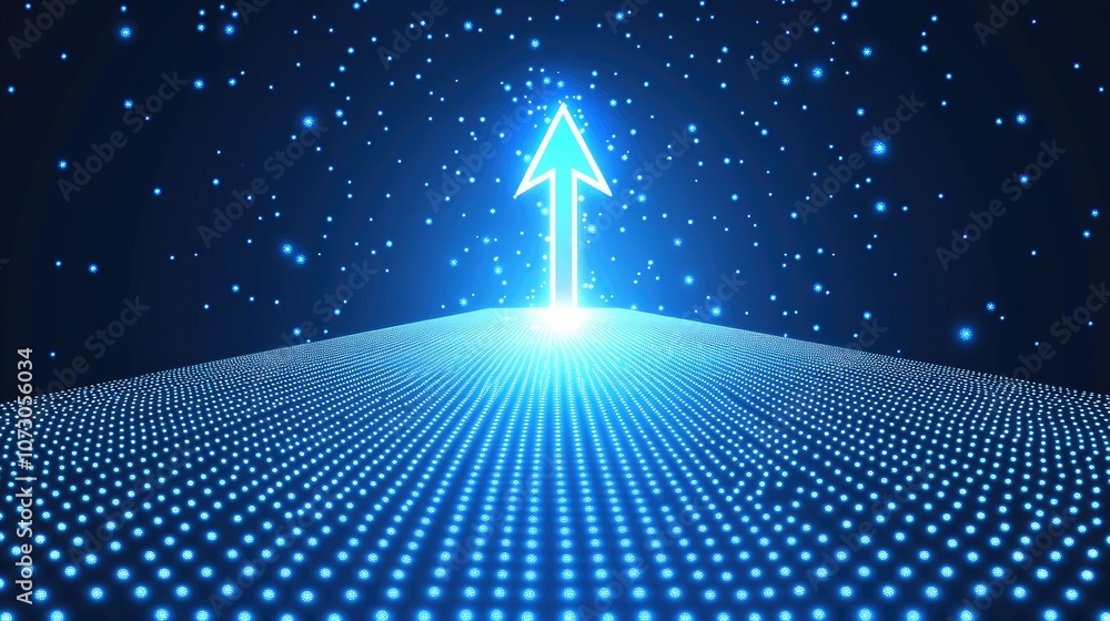 Poster futuristic digital landscape with a glowing blue arrow pointing upwards over a vast surface of dots 