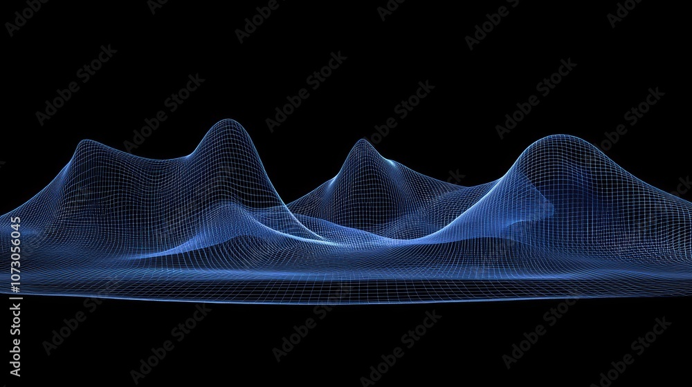 Poster abstract blue wireframe landscape with curved surface and depth perception for technology and scienc