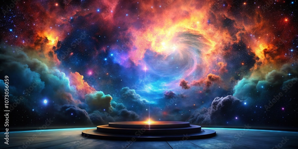Poster cosmic podium surrounded by a vibrant nebula, showcasing celestial wonders with stars and colorful g