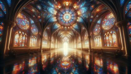 幻想的な雰囲気のステンドグラスがある教会