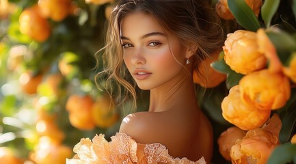 A beautiful woman in an off-the-shoulder dress stands elegantly among the blooming orange flowers, her charming eyes exuding charm