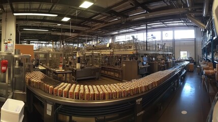 Panorama of beverage factory floor, with the top-level production line displaying high-speed labeling machines.
