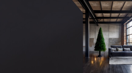 Wohnbereich in einem Loft, modern eingerichtet im Industrial Look, ungeschmückter grüner Tannenbaum, dunkelgrau gestrichene Trennwand als große Freifläche links, rechts ein Fenster