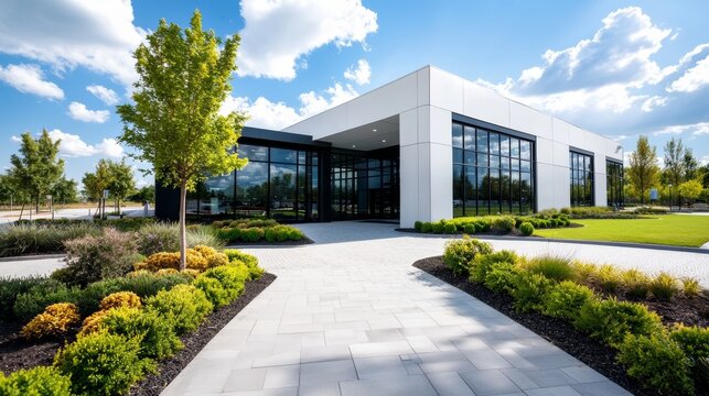 A modern office building surrounded by lush greenery and blue skies, showcasing contemporary design and inviting outdoor spaces.