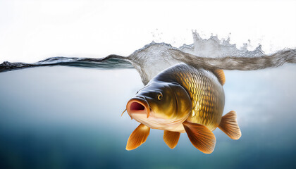 Ein gold schillernder  Karpfen mit offenem Maul schwimmt unter der Wasseroberfläche, viel Freifläche, fotorealistische Illustration