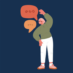 Cartoon vector illustration of an elderly woman practicing yoga, symbolizing flexibility, well-being, and healthy aging over dark background