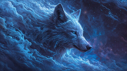 Mystical Wolf Spirit with Glowing Blue Eyes and Ethereal Smoke Effects Against Starry Night Sky, Fantasy Digital Art Illustration