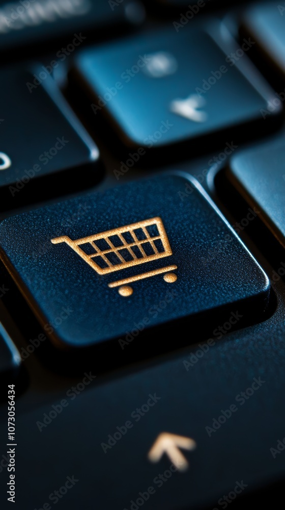 Poster Shopping cart symbol on a keyboard key shows easy online shopping. Browse, select, and order with a few clicks. Enjoy secure payments and global connectivity