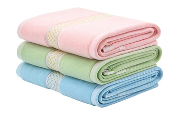 Stack of colorful towels in pastel shades on a transparent or white isolated background.