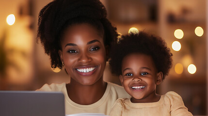 A working mom enjoying a moment of calm in the evening, reading a bedtime story to her child with a relaxed smile after a busy day. Her laptop and work files rest on a nearby table
