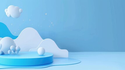 Cartoon clouds on blue background exhibition stand for product display with copy space, 3D rendering, minimalist style, simple design, simple shapes