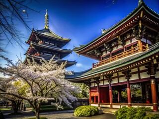 Obraz premium Tranquil Landscape Photography of a Historic Shrine in Asakusa, Tokyo Surrounded by Lush Greenery and Vibrant Cherry Blossoms, Capturing the Essence of Japanese Culture and Tradition
