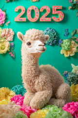 Fototapeta premium New Year Cards: 2025-themed Cute Neon Background Baby Came&nbsp;Illustrations