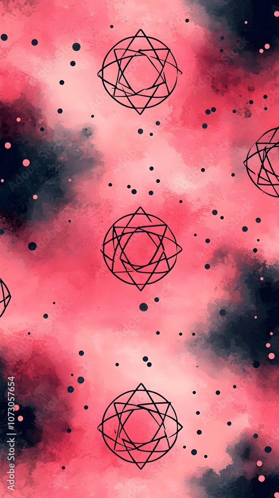 Poster a vibrant abstract pattern featuring intricate geometric shapes in black against a watercolor backgr