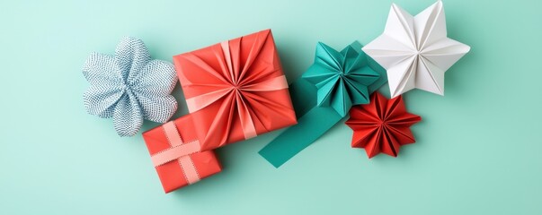 Creative Boxing Day gift wrapping with ribbon and colorful paper concept. Colorful wrapped gifts with decorative bows arranged on a teal background