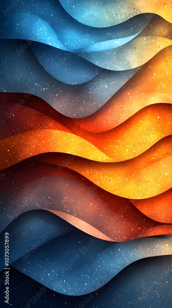 Poster an abstract wave pattern featuring vibrant hues of blue, orange, and red, creating a layered texture