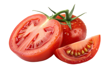 Fresh tomatoes, sliced and whole, on a transparent or white isolated background.