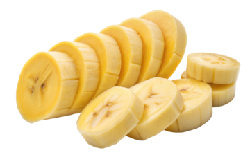 Freshly sliced yellow banana on a transparent or white isolated background.