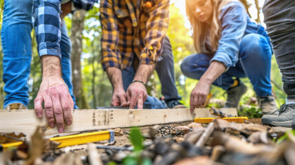 A team engages in a woodworking project in a lush forest, measuring and aligning wooden planks on the ground. Sunlight filters through the trees,